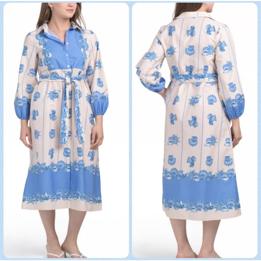 Celina Moon x Anthro Shell Print Midi Shirt Dress Puff Sleeve Button Down Belt